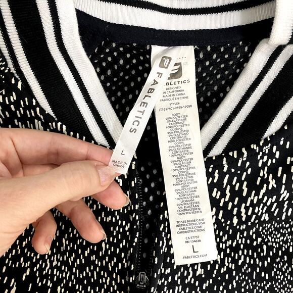 Fabletics Black Splatter Tia Mesh Varsity Preppy Athletic Bomber Jacket L - Picture 8 of 8